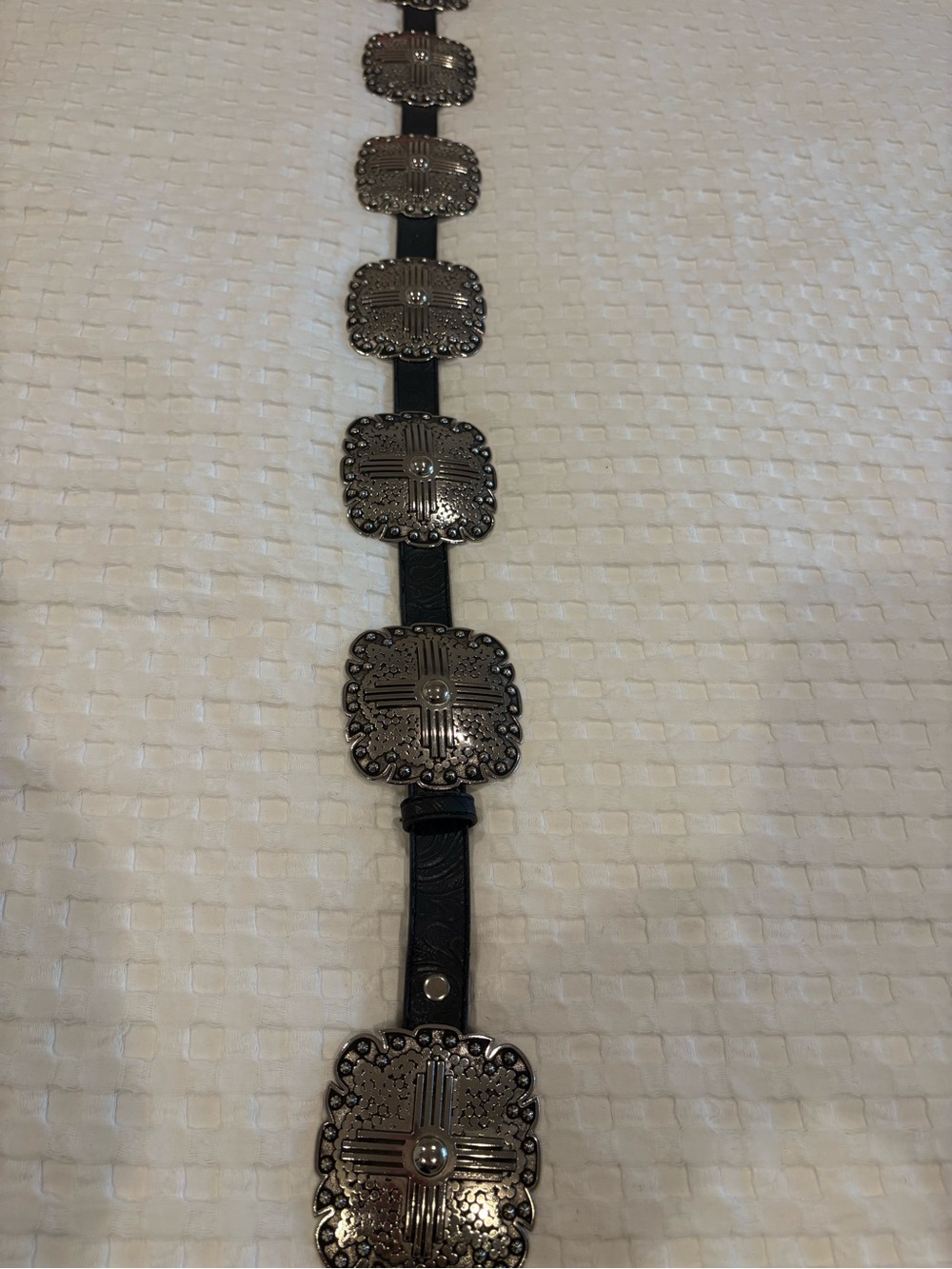 Western-Inspired Black Leather Belt with Antique Silver Conchos